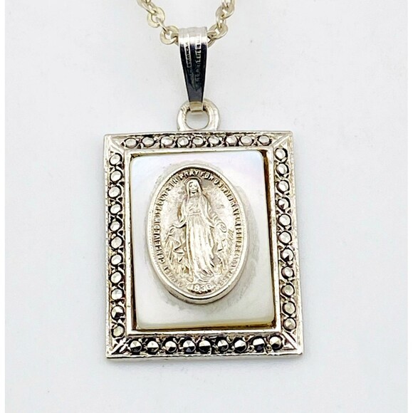 Vintage Sterling Silver Mother of Pearl Marcasite Our Lady Pendant Necklace 18" - Picture 2 of 6
